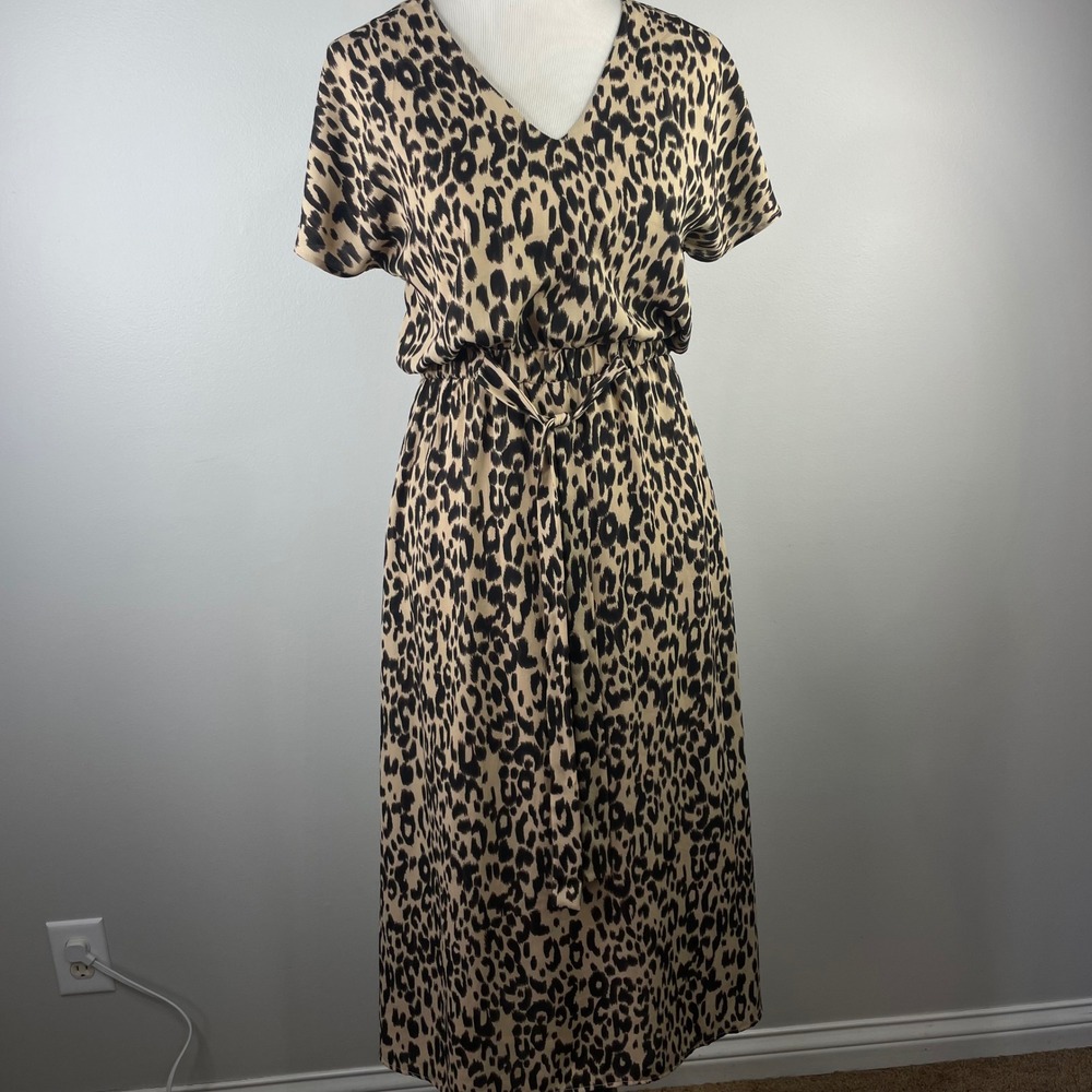 Sienna Sky Womens Leopard Print V-Neck Midi Dress Short Sleeve Belted S